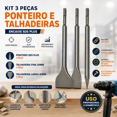 Kit Talhadeira E Ponteiro SDS Plus Martelete 3 Peças Profissional Concreto Cinzel