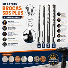Kit Brocas SDS Plus 4 Peças 6 8 10 12mm Martelete Concreto Parede Alvenaria Profissional