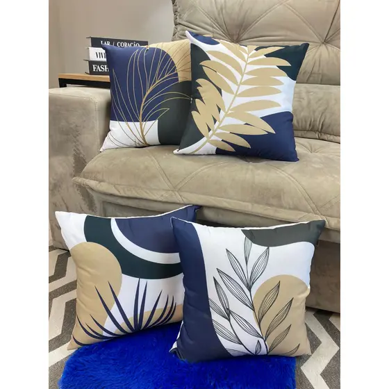 Kit com 4 Capas para Almofadas Folhagem Azul e Bege