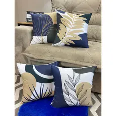 Kit com 4 Capas para Almofadas Folhagem Azul e Bege