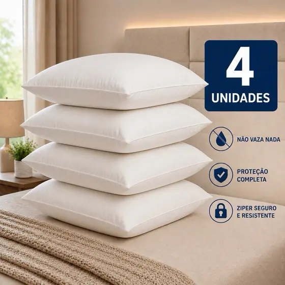 Kit 4 Capas Protetora de Travesseiro com Zíper Impermeável Anti-Ácaro