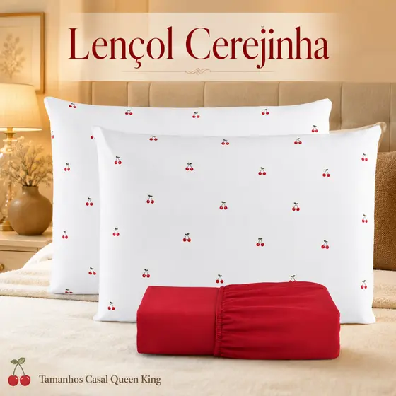 Jogo de Lençol Com Fronhas Cereja Casal Queen King 3 Peças