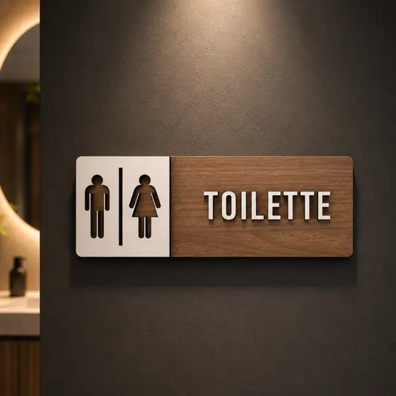 Placa Sinalização Banheiro Toilette Unissex em MDF 25x9 cm Fita Dupla Face Fácil Instalação