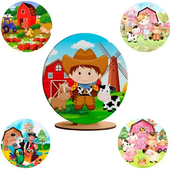 Capa Painel Redondo 50x50 cm de Mesa Fazenda Fazendinha Animais Tecido Sublimado Decoração de Festas