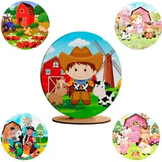 Capa Painel Redondo 50x50 cm de Mesa Fazenda Fazendinha Animais Tecido Sublimado Decoração de Festas