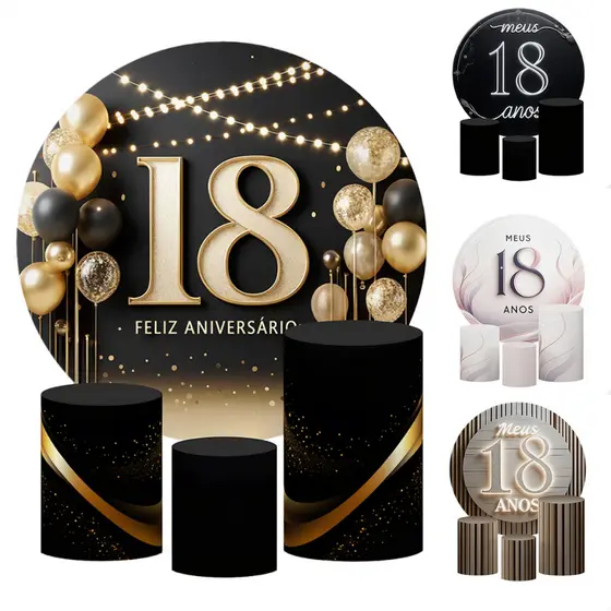 Kit de Festa de Aniversário Meus 18 Anos Capas de Cilindro + Painel Redondo Decorativo Vários Temas