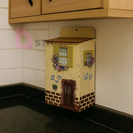 Organizador de Sacolas Porta Sacolinha MDF Casinha  Adesivado Puxa Saco Parede Decorativo Cozinha Lavanderia