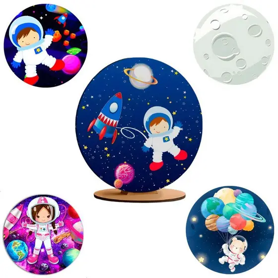 Capa Painel Redondo 50x50 cm de Mesa Astronauta Planetas Estelas Tecido Sublimado Decoração Festas
