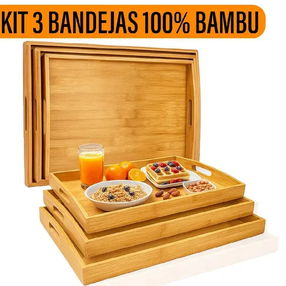 Kit 3 Bandeja Retangular de Bambu C/ Alça Lateral P M G Café da Manhã Cantinho do Café Decoração Yab