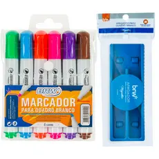 Kit 6 Marcador Quadro Branco + Apagador Magnético c/ Depósito BRW