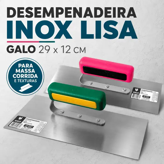 Desempenadeira Inox Lisa Galo 29x12cm Cabo Aberto Massa Corrida Textura Pintura Verde ou Rosa 113/00