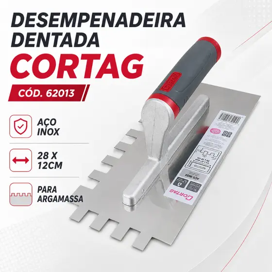 Desempenadeira Dentada Cortag 62013 Aço Inox 28x12cm Cabo Dupla Injeção para Argamassa