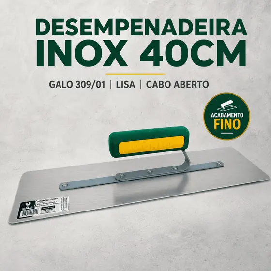 Desempenadeira Aço Inox Galo 309/01 40x12cm Lisa Cabo Aberto p/ Massa Corrida Efeito Cristal