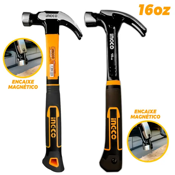 Martelo Unha Magnético 16OZ Ingco 29MM/32MM Aço Forjado Cabo Emborrachado Pregos Construção Reparos
