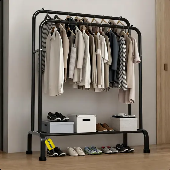 Arara de Roupas Dupla com Sapateira e 8 Ganchos Aço Reforçado para Quarto Loja Closet