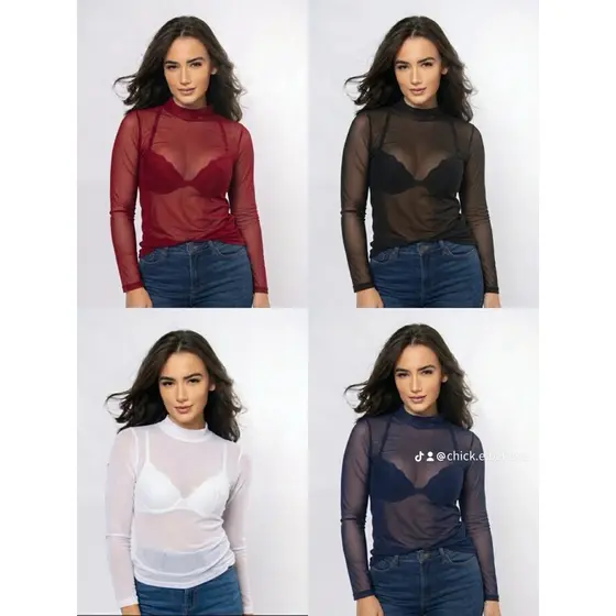 Blusa de Tule  Gola Alta e manga comprida.