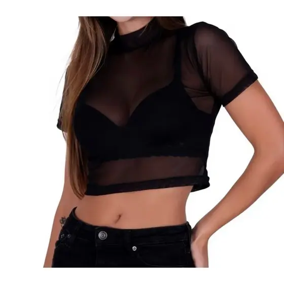 Blusa Tule Crooped Curto Moda Blogueira.