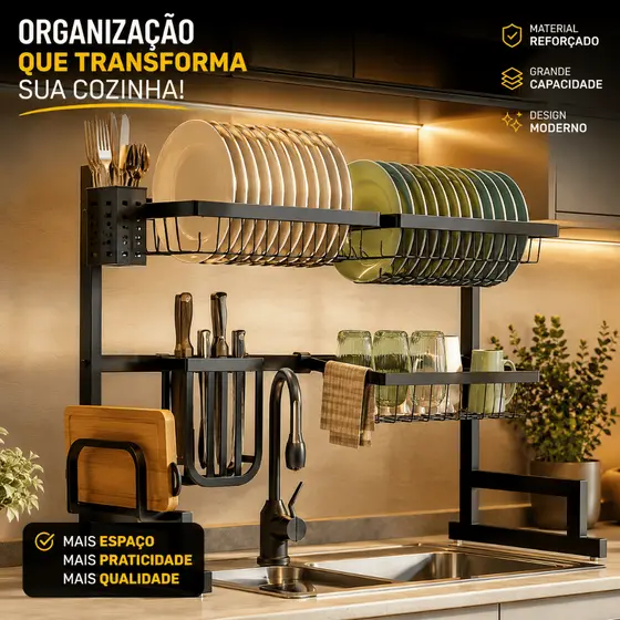 QUEIMA DE ESTOQUE!!! Escorredor Rack Aço Inoxidável 65-85cm Organizador Louça Preto Suspenso Modular Autossustentável