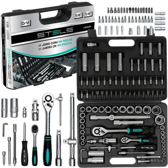 Kit Jogo de Soquetes Chave Catraca,1/4" E 1/2" c/ 94 Peças STELS 1358099