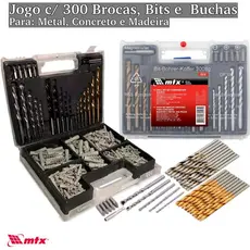 Jogo de Brocas, Bits e Buchas c/ 300 Peças p/ Concreto, Madeira e Metal + Maleta Mtx 725779