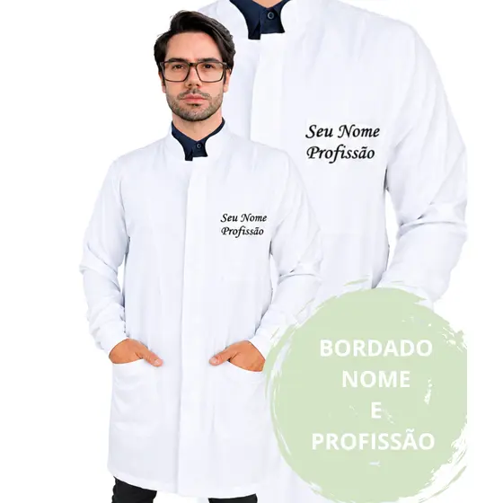Jaleco Masculino Personalizado Com Nome e Profissão, Modelo Botão Embutido Bordado Bolso Superior