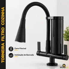 Torneira Filtro Gourmet Pia Bancada Cozinha Mesa Cano Flexível 02 Jatos C70 Preta