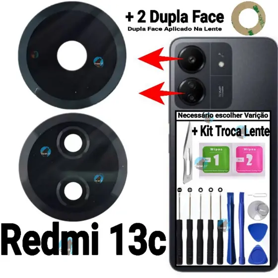 Lente da Câmera Para Redmi 13C vidro da Câmera Traseira Vidrinho Traseiro Redmi 13c + Dupla Face