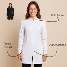 Jaleco Feminino Slim Acinturado Branco | Zíper, Gola Padre, Manga Longa – Oxford Premium