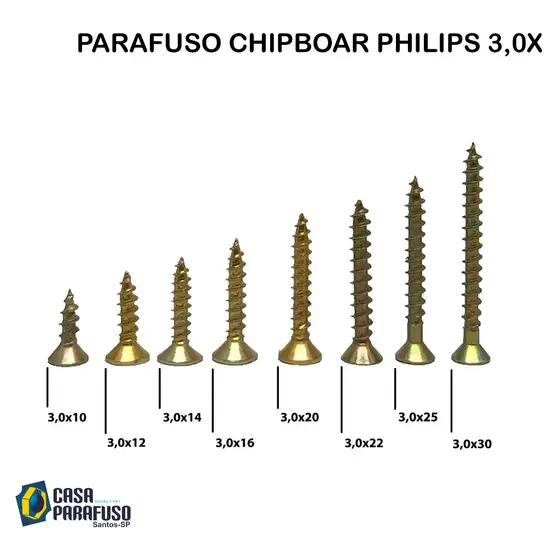 PARAFUSO CHIPBOAR PHILIPS 3,0x - MARCENARIA, MDF, MDP, COMPENSADOS, BUCHAS. - 100 UNIDADES