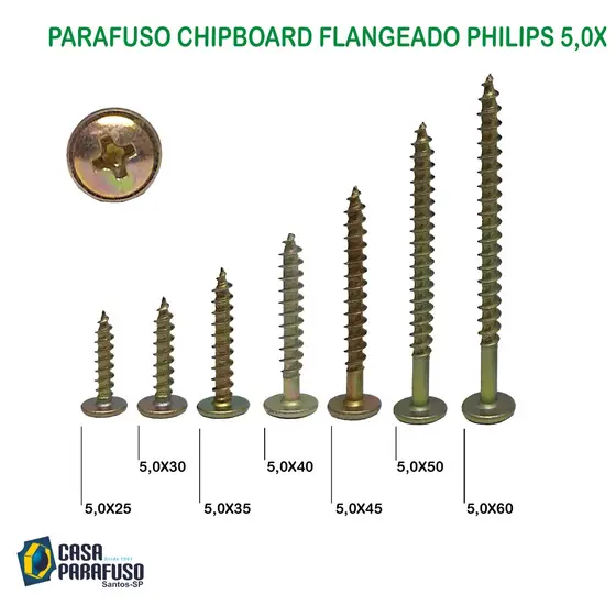 PARAFUSO CHIPBOARD FLANGEADA 5,0X MM - MARCENARIA, MDF, MDP, COMPENSADOS, BUCHAS - 100 UNIDADES