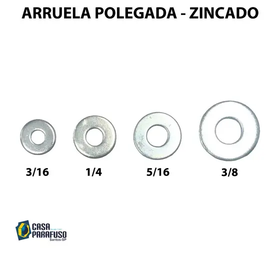 ARRUELA LISA ZINCADA - POLEGADA (3/16 - 1/4 - 5/16 - 3/8) - KIT 25/50 UNIDADES