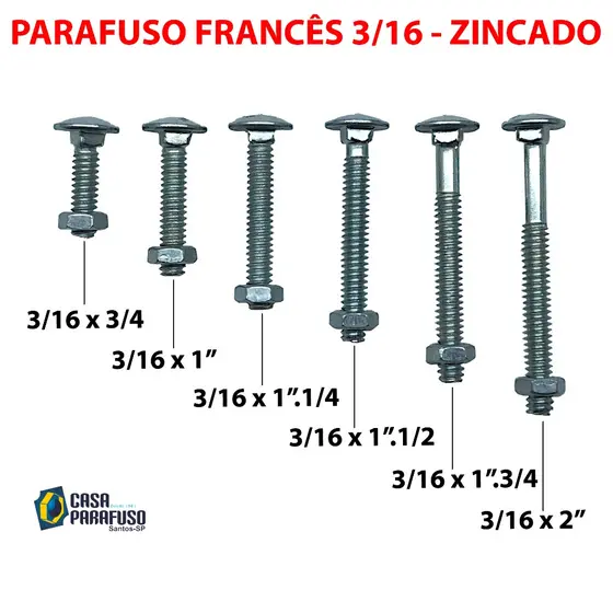 Parafuso Francês 3/16 - Com Porca Sextavada - Aço Zincado - Madeira e Metal - Kit 25/50 pçs