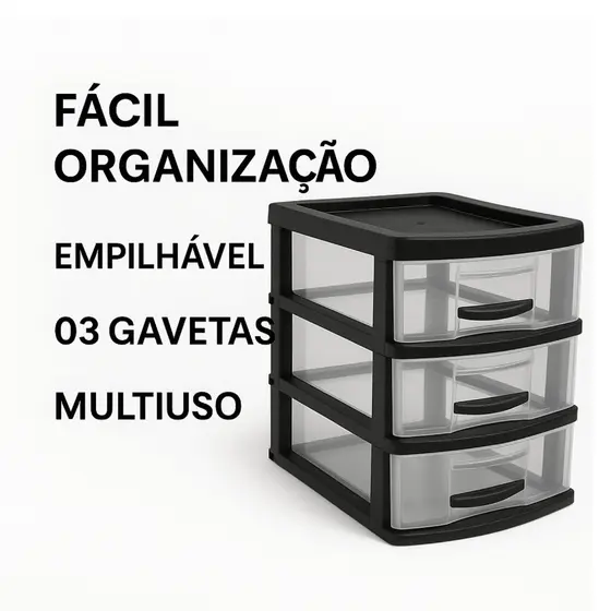 Gaveteiro Multiuso Jaguar 3 Gavetas Organizador Escritório Cozinha Sala Resistente