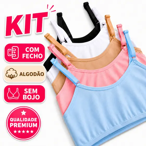 Kit Sutiã Infantil Juvenil Algodão Sem Bojo com Fecho Duplo e Alça Regulável