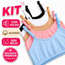 Kit Sutiã Infantil Juvenil Algodão Sem Bojo com Fecho Duplo e Alça Regulável