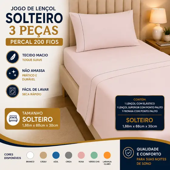 Jogo De Lençol 03 Peças Solteiro 100% Algodão 200 Fios