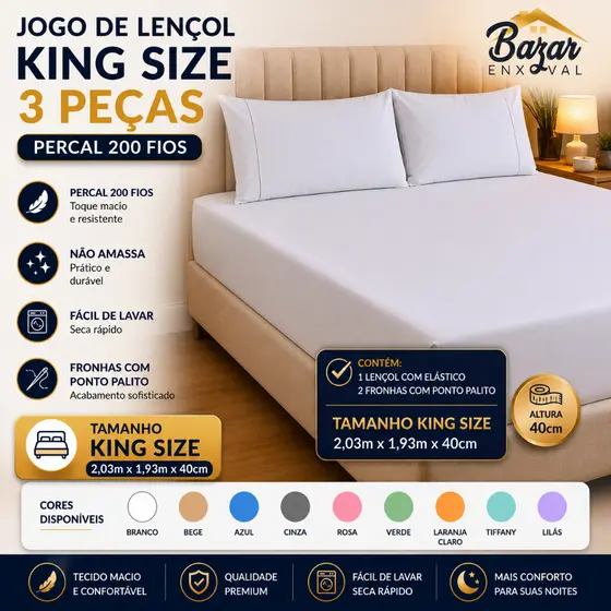 Jogo De Lençol King Size 3 Peças 200 Fios 100% Algodão
