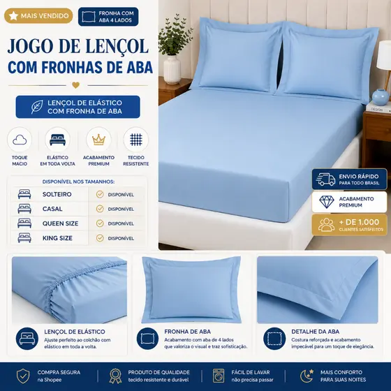 Jogo de Lençol Percal 200 Fios Fronha com Abas - Vários Tamanhos Disponiveis