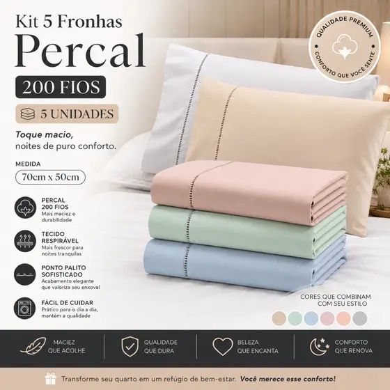 Kit Com 5 Fronhas - Percal 200 Fios 100% Algodão / Promoção