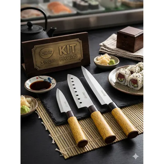Kit Faca Japonesa  Aço Inoxidável para Cozinha Cortes de Sushi Sashimi Asia Master Chef 3 Peças