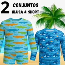 2 Conjuntinhos de Banho UV Masculino Moda Praia Estampados Blusa e Sunga Proteção Solar 50+