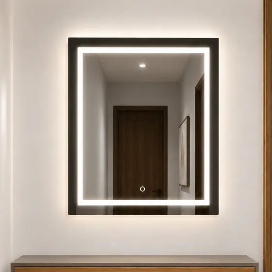 Espelho Quadrado Jateado 50x50 cm com LED Touch 3 Tons para Banheiro