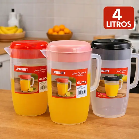 Jarras Grande Transparente 4 Litros Com Tampa Resistente Alça Cozinha Multiuso Plástico Suco Água