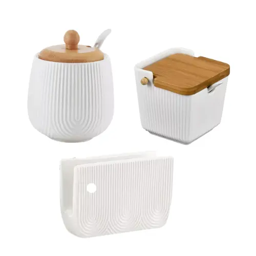 Kit 3 Peças Oasis Açucareiro + Saleiro C/ Tampa Bambu + Porta Guardanapo Cerâmica