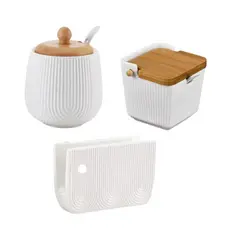 Kit 3 Peças Oasis Açucareiro + Saleiro C/ Tampa Bambu + Porta Guardanapo Cerâmica