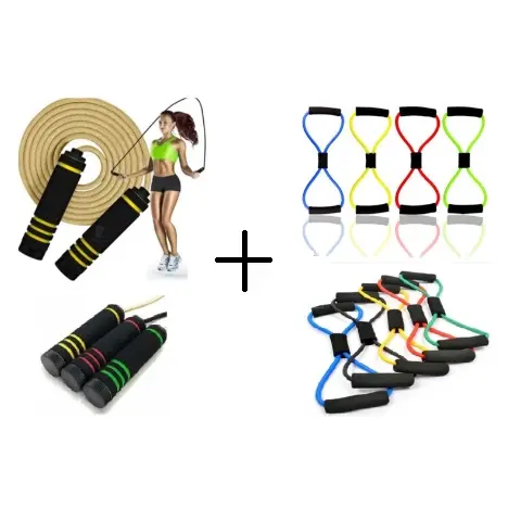Kit Combo Treino Fitness Exercícios em Casa Completo – Corda Profissional + Elástico de Resistência