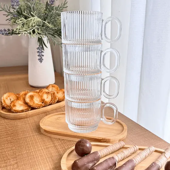 Kit Jogo 4 Xícaras Em Vidro Graffiato 95ml e 170ml Canecas Duplo Café Chá Expresso Chá Capuccino