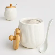 Açucareiro Em Porcelana Com Colher Tampa Bambu 360ml Oásis
