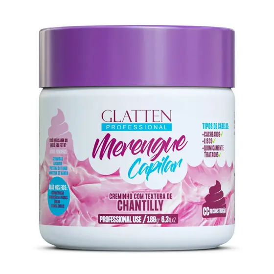 Creminho capilar de merengue 180gr Glatten tratamento cronograma fios danificados