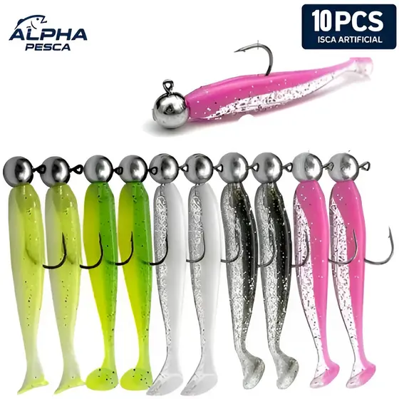 kit 10 Isca Soft Shad + Jig Head 10 Unidades